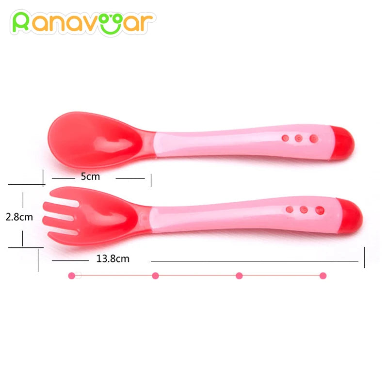 2pcs/set Silicone Soft Spoon Fork Set Handy Heat Sensing Thermal Spoon Baby Kids Weaning Silicone Head Tableware