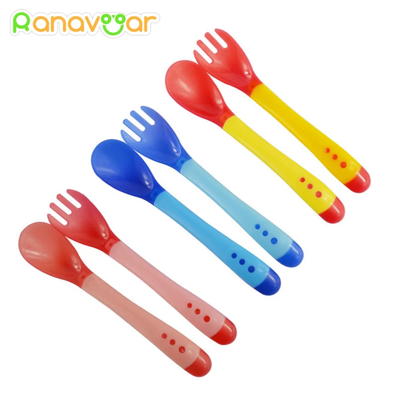 2pcs/set Silicone Soft Spoon Fork Set Handy Heat Sensing Thermal Spoon Baby Kids Weaning Silicone Head Tableware