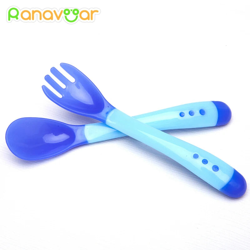 2pcs/set Silicone Soft Spoon Fork Set Handy Heat Sensing Thermal Spoon Baby Kids Weaning Silicone Head Tableware