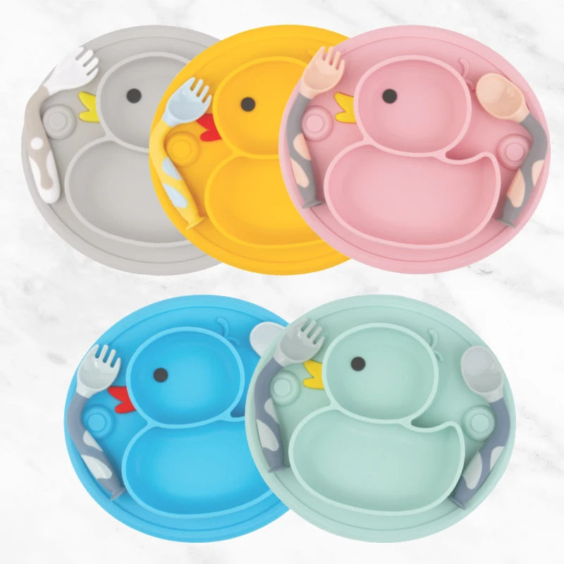 Qshare Baby Duck Dishes Silicone Plate Suction Tray Antislip Mini Mat Toddler Placemat Kids Food Feeding Bowl Baby Tableware